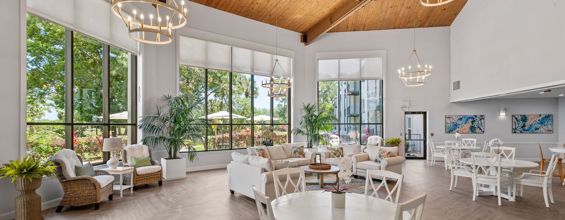 Everything within reach lounge with seating tables and large windows